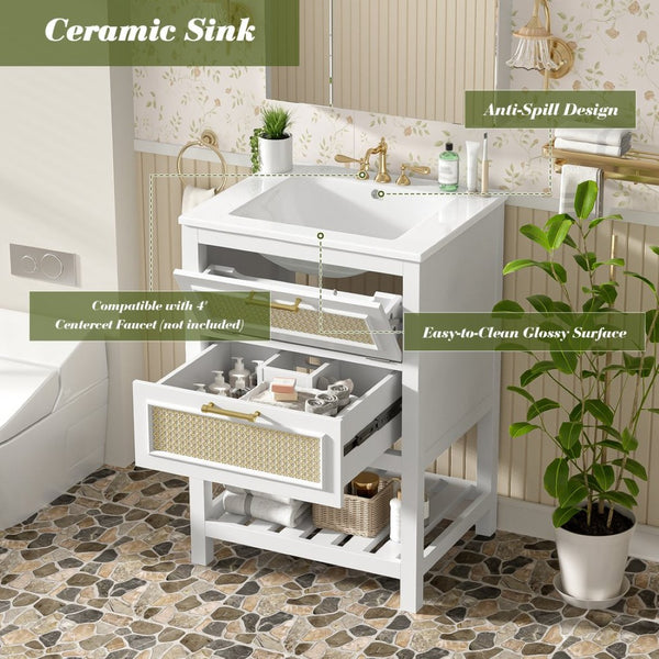 English Elm 24" Rattan Front Bathroom Vanity with Ceramic Sink Deep Drawer Storage Mdf Cabinet White N710P293990K