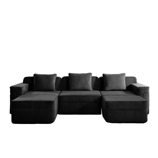 English Elm Modular 3-Seat U-Shaped Sectional Sofa - Cloud-Like Comfort With Movable Ottomans & Pillows W3041S00326