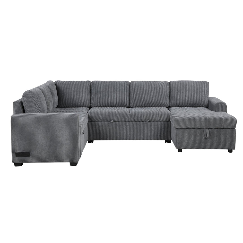 English Elm 107.5" U-shaped Sofa Sectional with Storage Chaise, Pull-Out Bed, USB Charging, Corduroy Comfort Gray N719S001570E