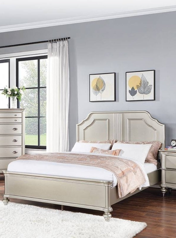 English Elm Traditional Eastern King Bed Carved Two Panel Headboard Satin Silver Formal Bedroom B011S02128