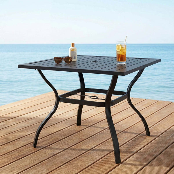 English Elm Metal Square Outdoor Dining Table Powder Coated Steel Slatted Top Seats Four W5159P445936