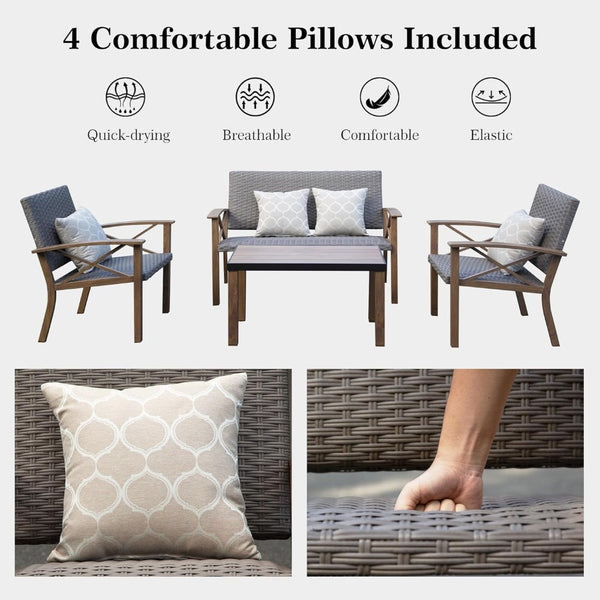 English Elm Aluminum Outdoor Conversation Set Pe Wicker 4 Piece Patio Sofa with Quick Dry Cushions W1859S00179