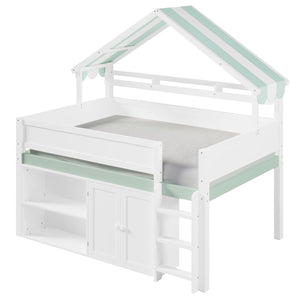 English Elm Full Size Pine Loft Bed with House Canopy Roof Built-in Shelves Kids Bedroom N7090005012F