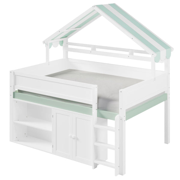 English Elm Full Size Pine Loft Bed with House Canopy Roof Built-in Shelves Kids Bedroom N7090005012F