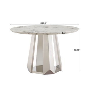 English Elm 47" Round Marble Dining Table - Modern High-Gloss Faux Marble Top With Stainless Steel Base For Style W3456S00007