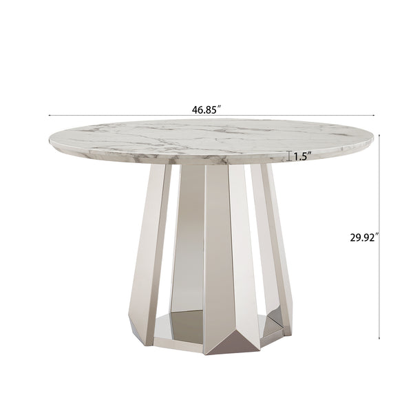 English Elm 47" Round Marble Dining Table - Modern High-Gloss Faux Marble Top With Stainless Steel Base For Style W3456S00007