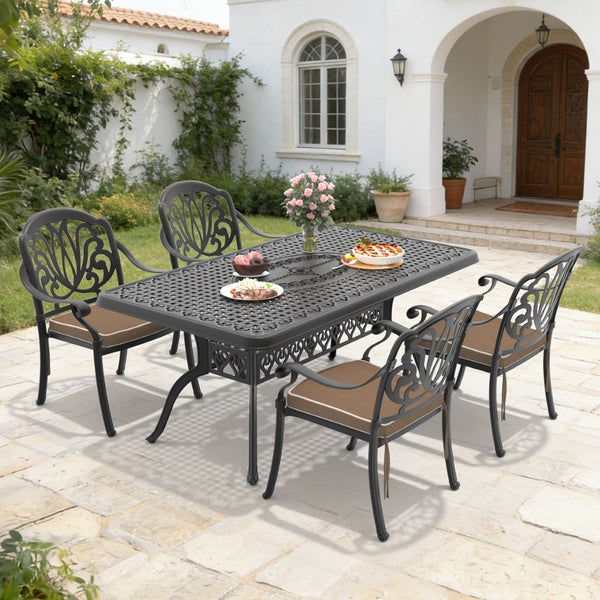 English Elm 5-piece Cast Aluminum Outdoor Dining Set with Carved Relief Detail and Weather Resistant Frame W1710S00587