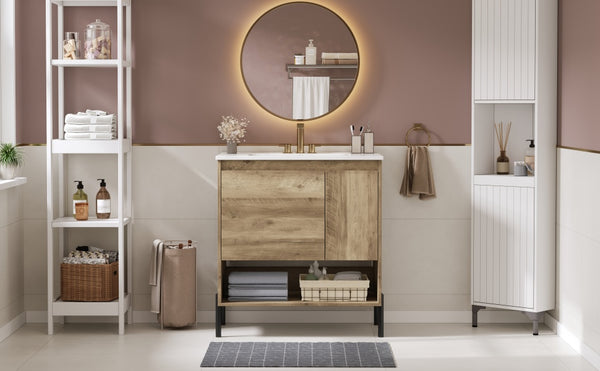 English Elm 30" Modern Wood Bathroom Vanity with Ceramic Sink, Soft-Close Door, Drawer Dividers & Open Shelf N710P247136P