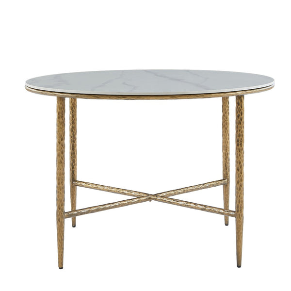 English Elm Sintered Stone Square Dining Table with Hand Hammered Iron X Base Artisan Craft Forged Brass N771P400389Z