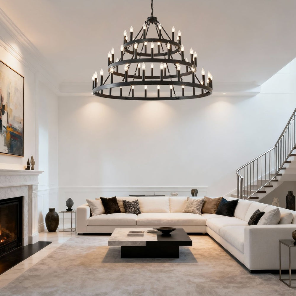 English Elm 53.15 Inch Wagon Wheel Chandelier Matte Black 18 Light Farmhouse Industrial Large Room W5008P389109