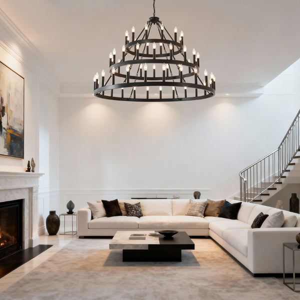 English Elm 53.15 Inch Wagon Wheel Chandelier Matte Black 18 Light Farmhouse Industrial Large Room W5008P389109
