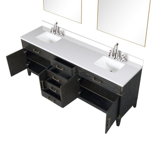 English Elm Black Oak Double Bath Vanity With White Quartz Top, Chrome Faucet Set & 36” Mirrors For Luxury Style B2731S02194