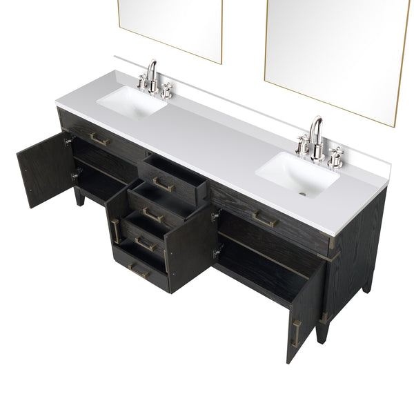 English Elm Black Oak Double Bath Vanity With White Quartz Top, Chrome Faucet Set & 36” Mirrors For Luxury Style B2731S02194