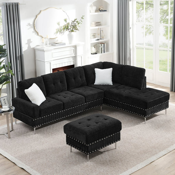 English Elm Sectional L-Shaped Chenille Sofa with Chaise Storage Ottoman, Metal Eucalyptus Frame, 4-Seater Spacious Black W1413S00117