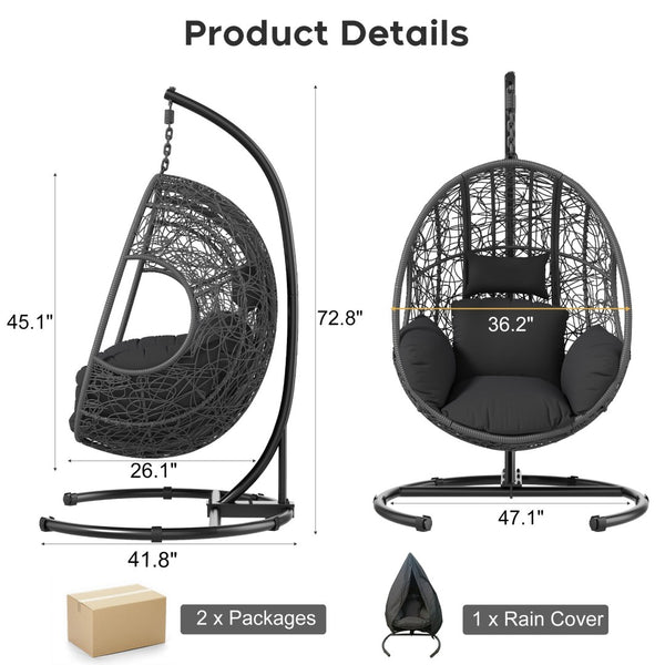 English Elm 42 Inch Wide Hanging Egg Chair Pe Rattan Patio Swing with 400lb Capacity Cushioned Seat W3979S00007