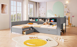 English Elm Wood Twin L-shaped Platform Bed Trundle Shelves Charging Station Kids Room Grey N7090001045E-1