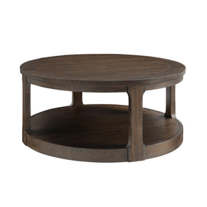 English Elm 40inch Rustic Curved 2-Tier Round Wooden Coffee Table with Wheels, Mid-Century Vintage Charm, Solid Pine Blend Dark Brown W2582P202642