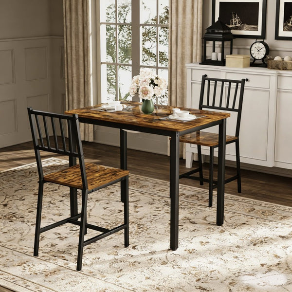 English Elm Dining Table Set 3 Piece Industrial Steel Frame with Melamine Top for Kitchen Nook Rustic Brown W1162P424861