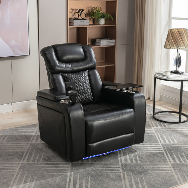 English Elm 270 270 Degree Swivel PU Leather Power Recliner Chair with Tray Table, Cup & Phone Holders, USB Port, Hidden Storage, Infinite Positions for Home Theater Black N719S001190B