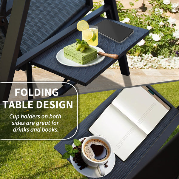 English Elm 3-Seat Wicker Porch Swing with Adjustable Polycarbonate Canopy, Steel Frame, Foldable Side Table, 850lb Capacity W1859S00119