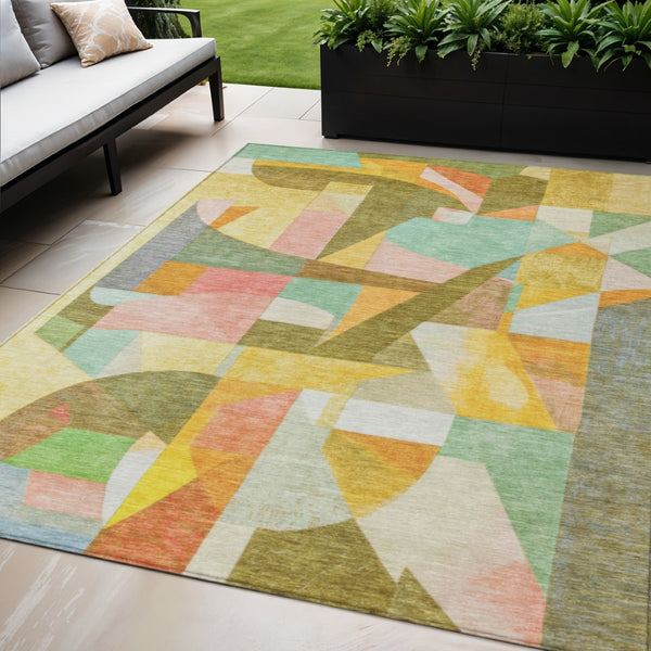HomeRoots 5' X 8' Abstract Area Rug in Wheat, Orange, Green & Ivory - Durable, Washable for Indoor & Outdoor Use 620000