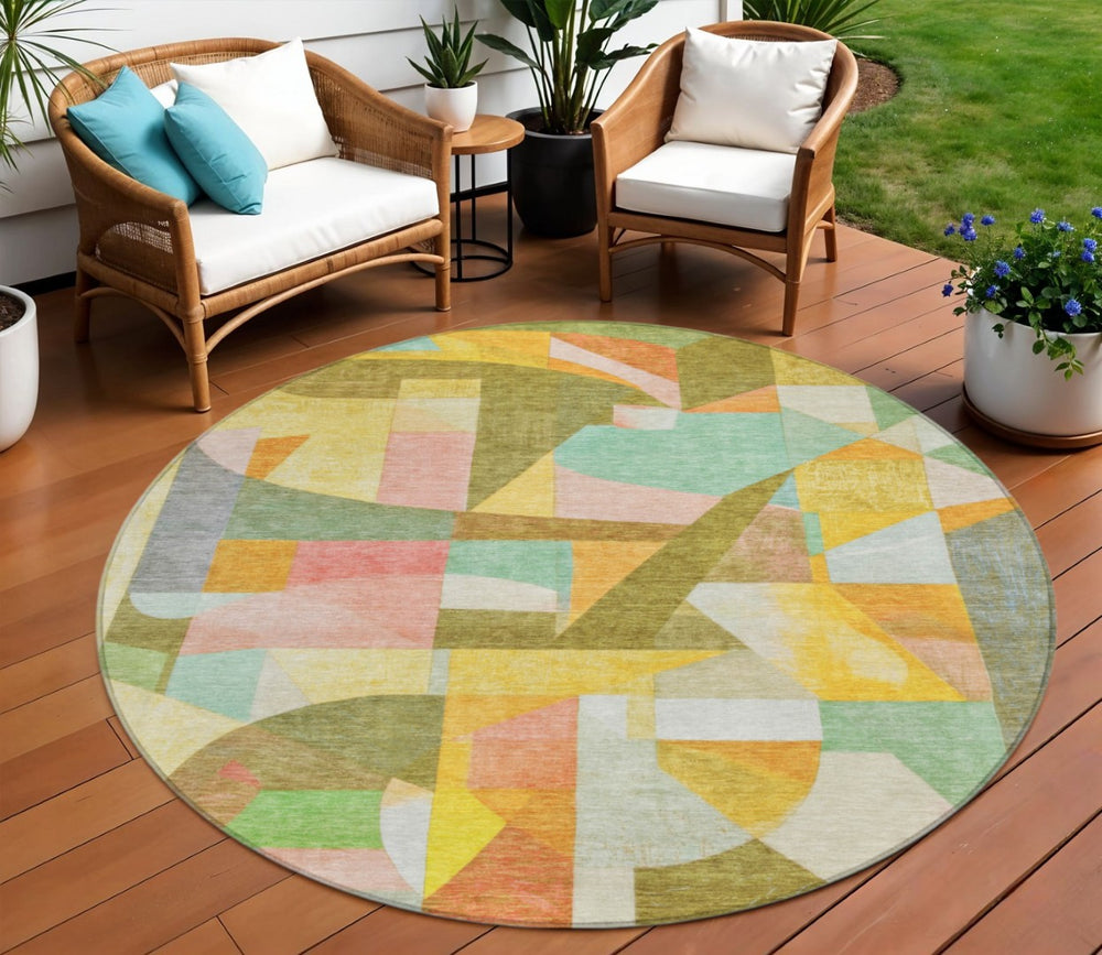 HomeRoots 8' Round Abstract Area Rug - Washable, Durable, Geometric Design in Wheat, Orange, Green & Ivory 620001