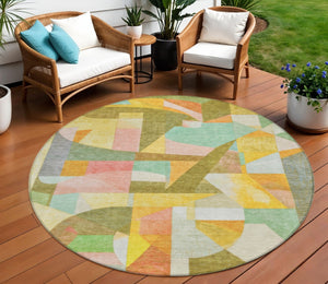 HomeRoots 8' Round Abstract Area Rug - Washable, Durable, Geometric Design in Wheat, Orange, Green & Ivory 620001