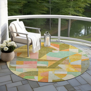 HomeRoots 8' Round Abstract Area Rug - Washable, Durable, Geometric Design in Wheat, Orange, Green & Ivory 620001