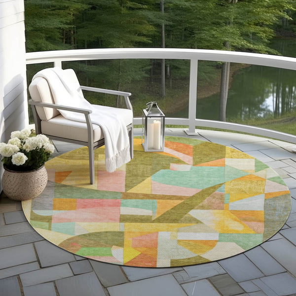 HomeRoots 8' Round Abstract Area Rug - Washable, Durable, Geometric Design in Wheat, Orange, Green & Ivory 620001