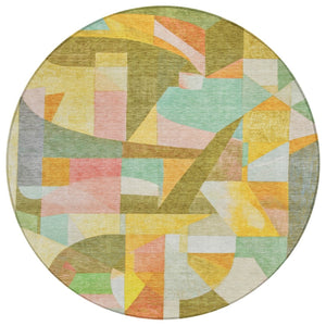 HomeRoots 8' Round Abstract Area Rug - Washable, Durable, Geometric Design in Wheat, Orange, Green & Ivory 620001