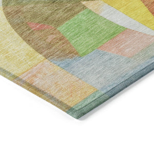 HomeRoots 8' Round Abstract Area Rug - Washable, Durable, Geometric Design in Wheat, Orange, Green & Ivory 620001