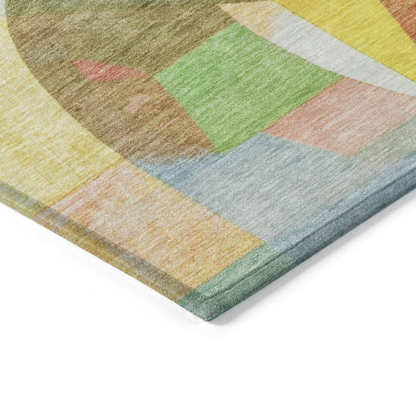 HomeRoots 8' Round Abstract Area Rug - Washable, Durable, Geometric Design in Wheat, Orange, Green & Ivory 620001
