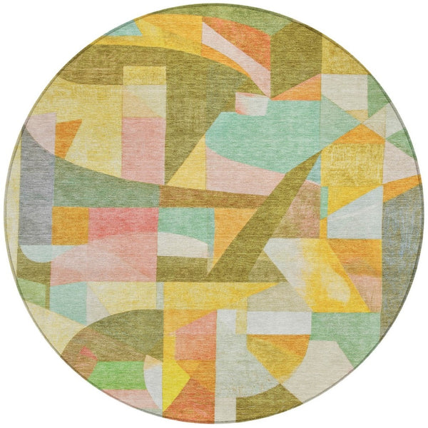 HomeRoots 8' Round Abstract Area Rug - Washable, Durable, Geometric Design in Wheat, Orange, Green & Ivory 620001
