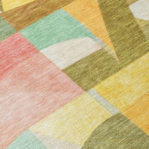 HomeRoots 8' Round Abstract Area Rug - Washable, Durable, Geometric Design in Wheat, Orange, Green & Ivory 620001