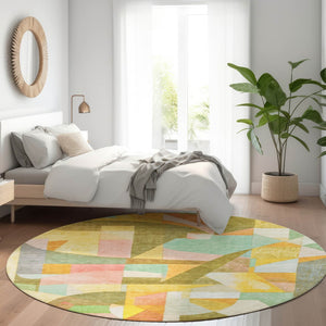 HomeRoots 8' Round Abstract Area Rug - Washable, Durable, Geometric Design in Wheat, Orange, Green & Ivory 620001