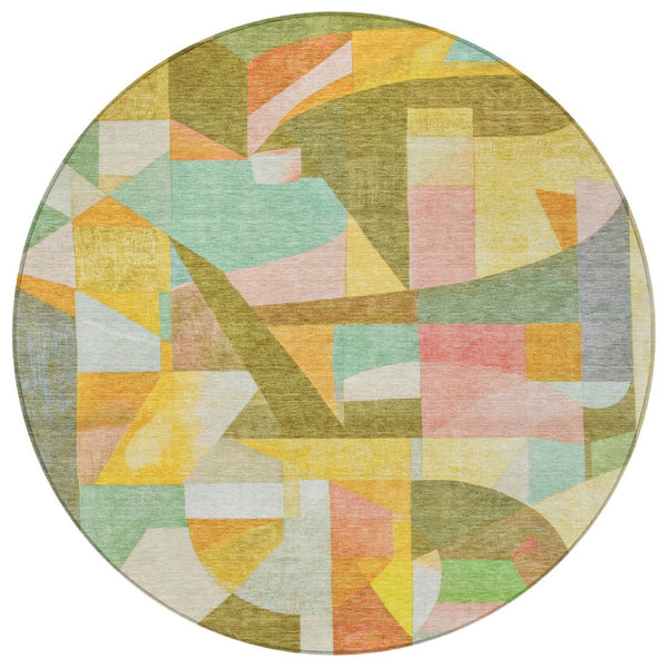 HomeRoots 8' Round Abstract Area Rug - Washable, Durable, Geometric Design in Wheat, Orange, Green & Ivory 620001