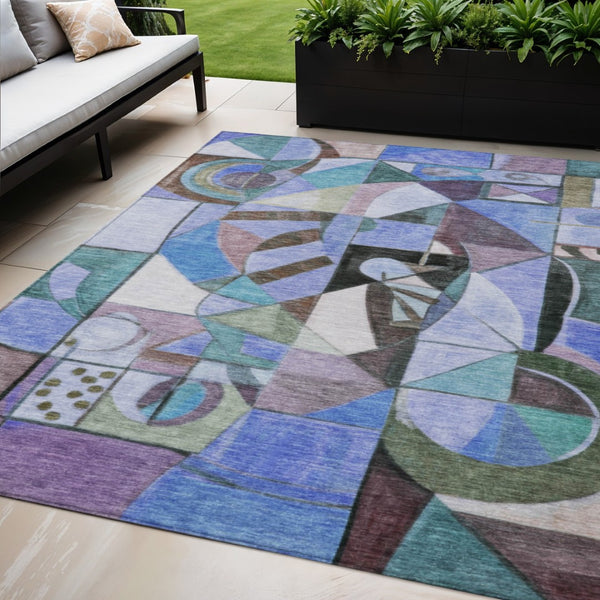 HomeRoots 5' Vibrant Abstract Washable Area Rug in Green, Blue, Purple & Black for Indoor/Outdoor Use 620024
