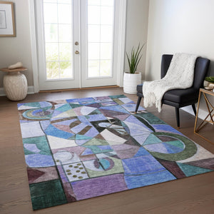 HomeRoots 5' Vibrant Abstract Washable Area Rug in Green, Blue, Purple & Black for Indoor/Outdoor Use 620024