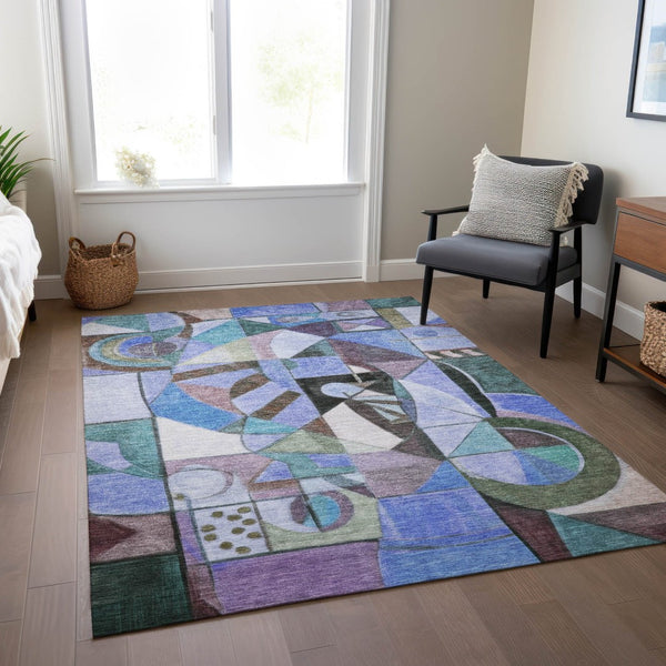 HomeRoots 5' Vibrant Abstract Washable Area Rug in Green, Blue, Purple & Black for Indoor/Outdoor Use 620024