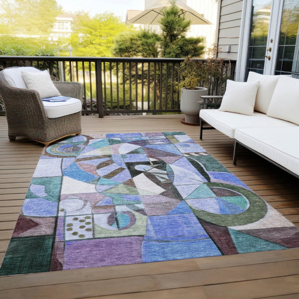 HomeRoots 5' Vibrant Abstract Washable Area Rug in Green, Blue, Purple & Black for Indoor/Outdoor Use 620024