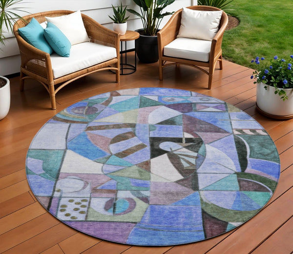 HomeRoots 8' Vibrant Round Abstract Area Rug - Washable, Durable, Stylish for Indoor & Outdoor Spaces! 620025