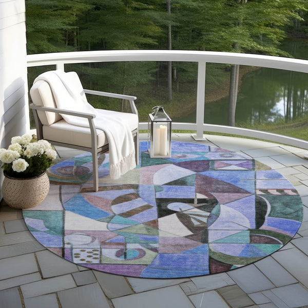 HomeRoots 8' Vibrant Round Abstract Area Rug - Washable, Durable, Stylish for Indoor & Outdoor Spaces! 620025