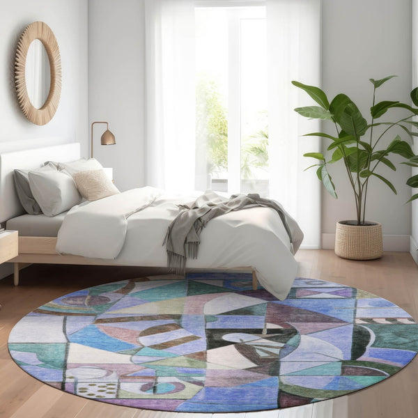 HomeRoots 8' Vibrant Round Abstract Area Rug - Washable, Durable, Stylish for Indoor & Outdoor Spaces! 620025