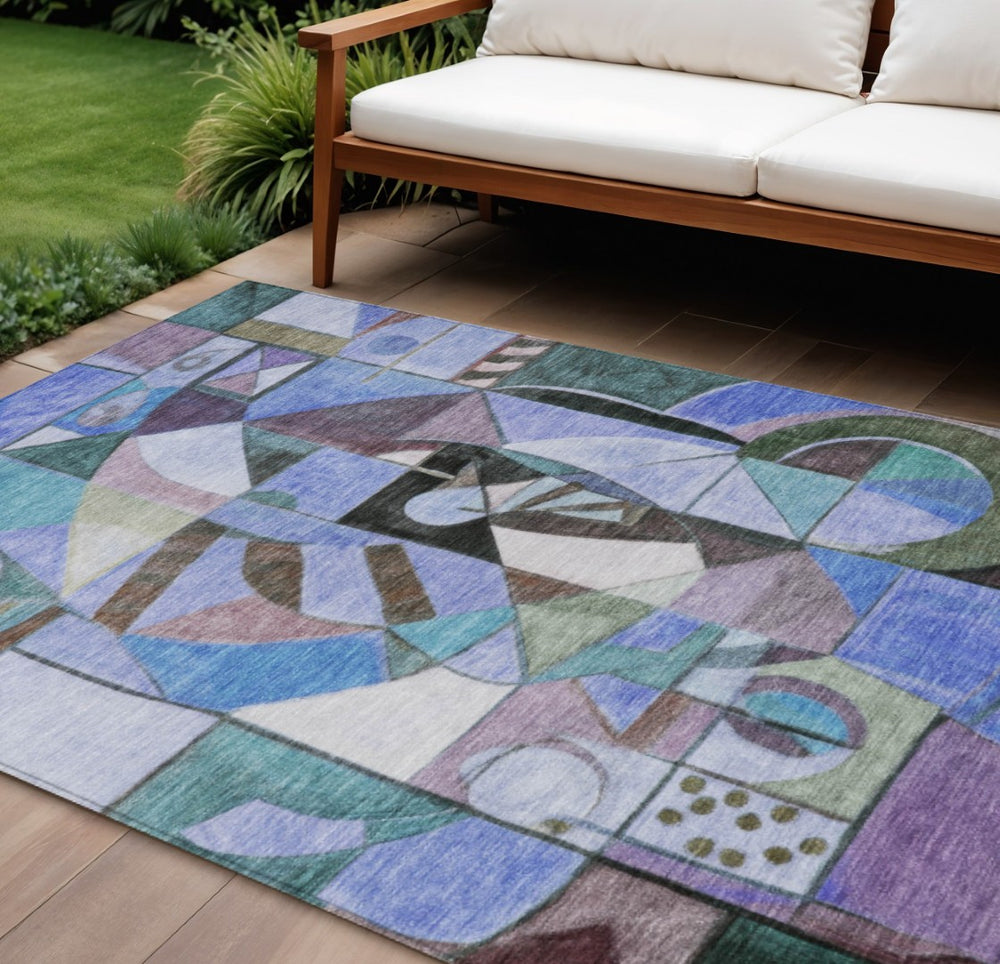 HomeRoots 10' Washable Indoor Outdoor Area Rug - Bold Abstract Design in Green, Blue, Purple & Black Colors 620028