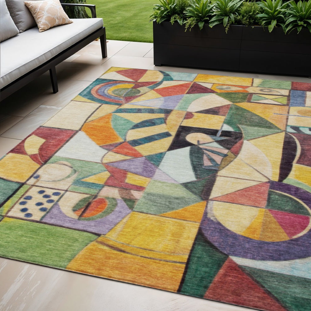 HomeRoots 5' Vibrant Gold Purple Orange Blue Abstract Area Rug - Durable, Washable & Stylish for Indoors/Outdoors 620030