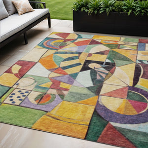 HomeRoots 5' Vibrant Gold Purple Orange Blue Abstract Area Rug - Durable, Washable & Stylish for Indoors/Outdoors 620030