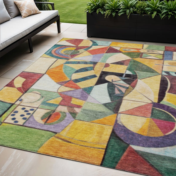 HomeRoots 5' Vibrant Gold Purple Orange Blue Abstract Area Rug - Durable, Washable & Stylish for Indoors/Outdoors 620030