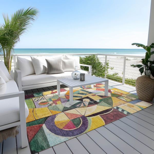 HomeRoots 5' Vibrant Gold Purple Orange Blue Abstract Area Rug - Durable, Washable & Stylish for Indoors/Outdoors 620030