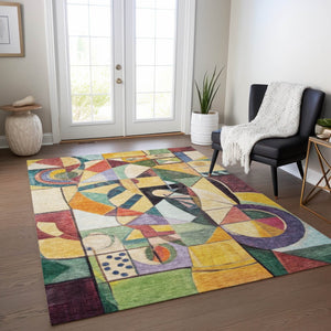 HomeRoots 5' Vibrant Gold Purple Orange Blue Abstract Area Rug - Durable, Washable & Stylish for Indoors/Outdoors 620030