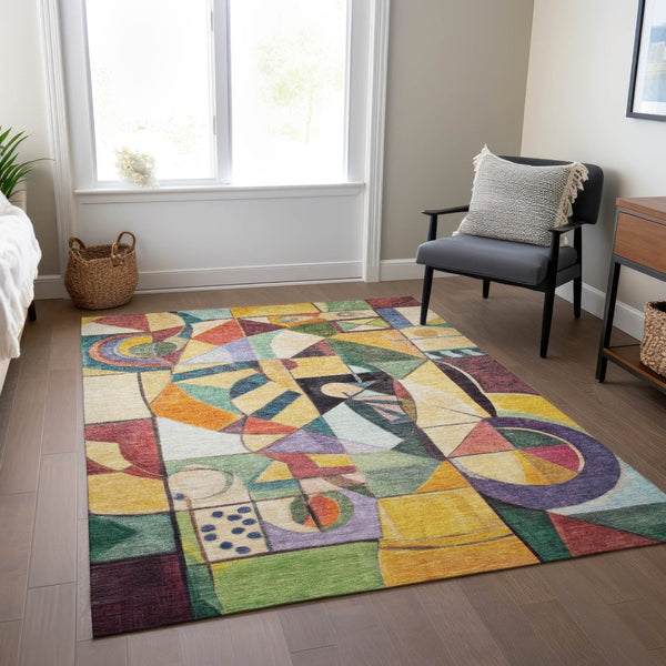 HomeRoots 5' Vibrant Gold Purple Orange Blue Abstract Area Rug - Durable, Washable & Stylish for Indoors/Outdoors 620030